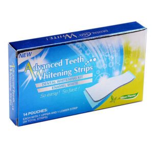 A blue box with a label saying "Advanced Teeth Whitening Strips"